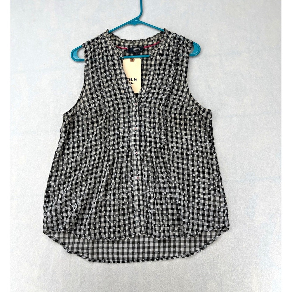 Maeve Woven Blouse Black/White Gingham V-Neck Button Sleeveless Women's M